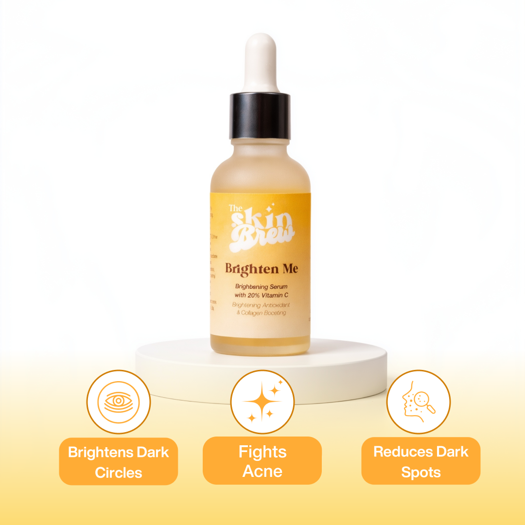Skincare serum bottle with dropper labeled 'Brighten Me' on a light yellow background.